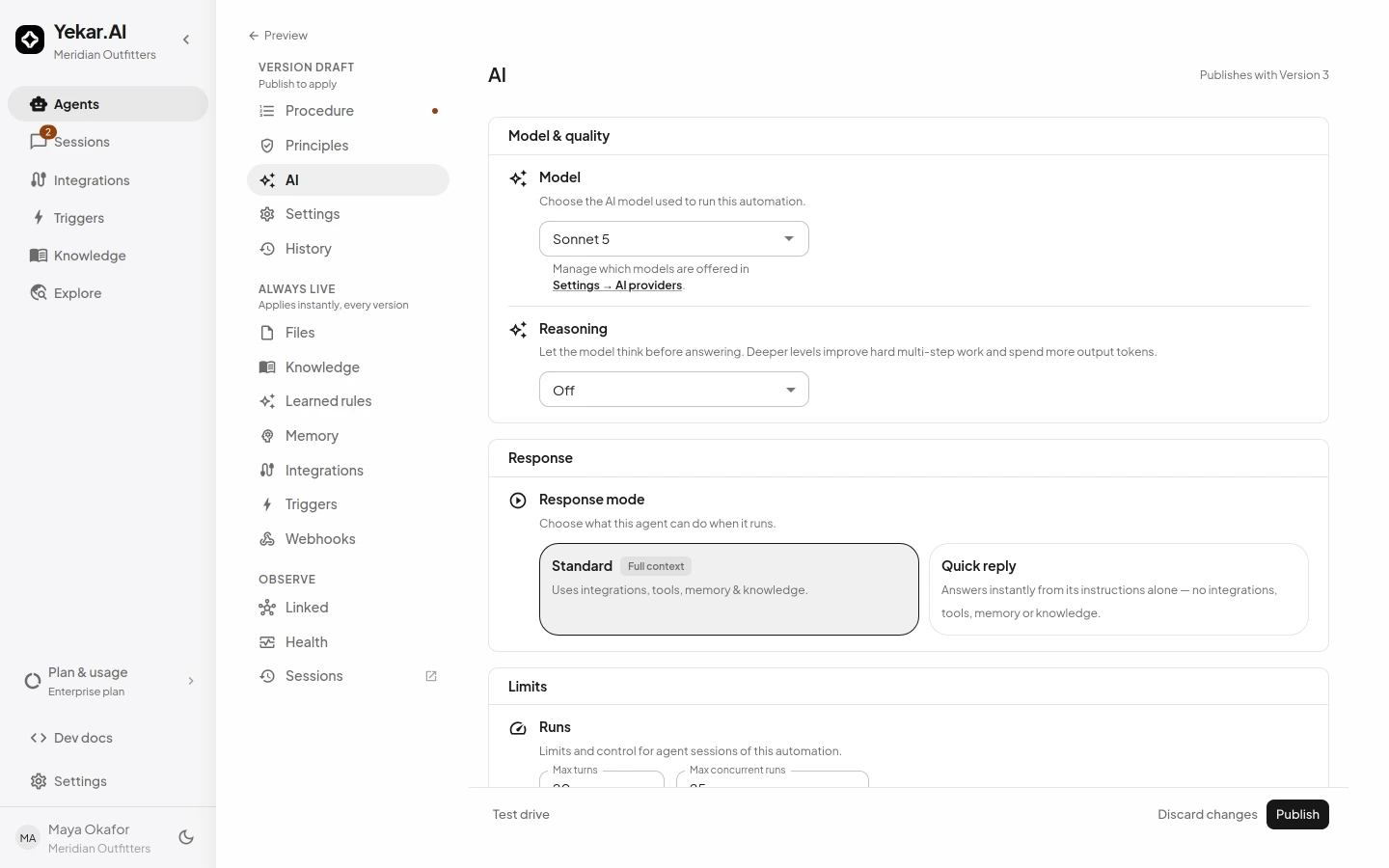 An agent's Config tab: model, response mode, memory, write approvals and limits